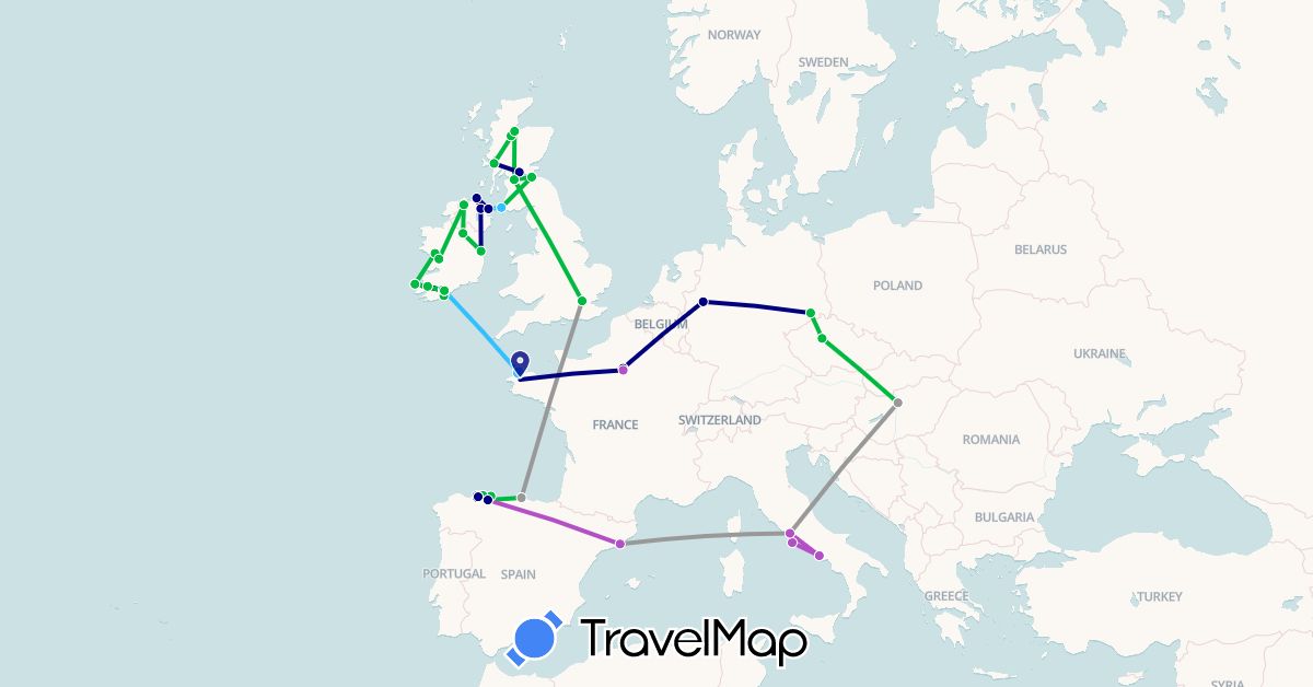 TravelMap itinerary: driving, bus, plane, train, boat in Czech Republic, Germany, Spain, France, United Kingdom, Hungary, Ireland, Italy (Europe)